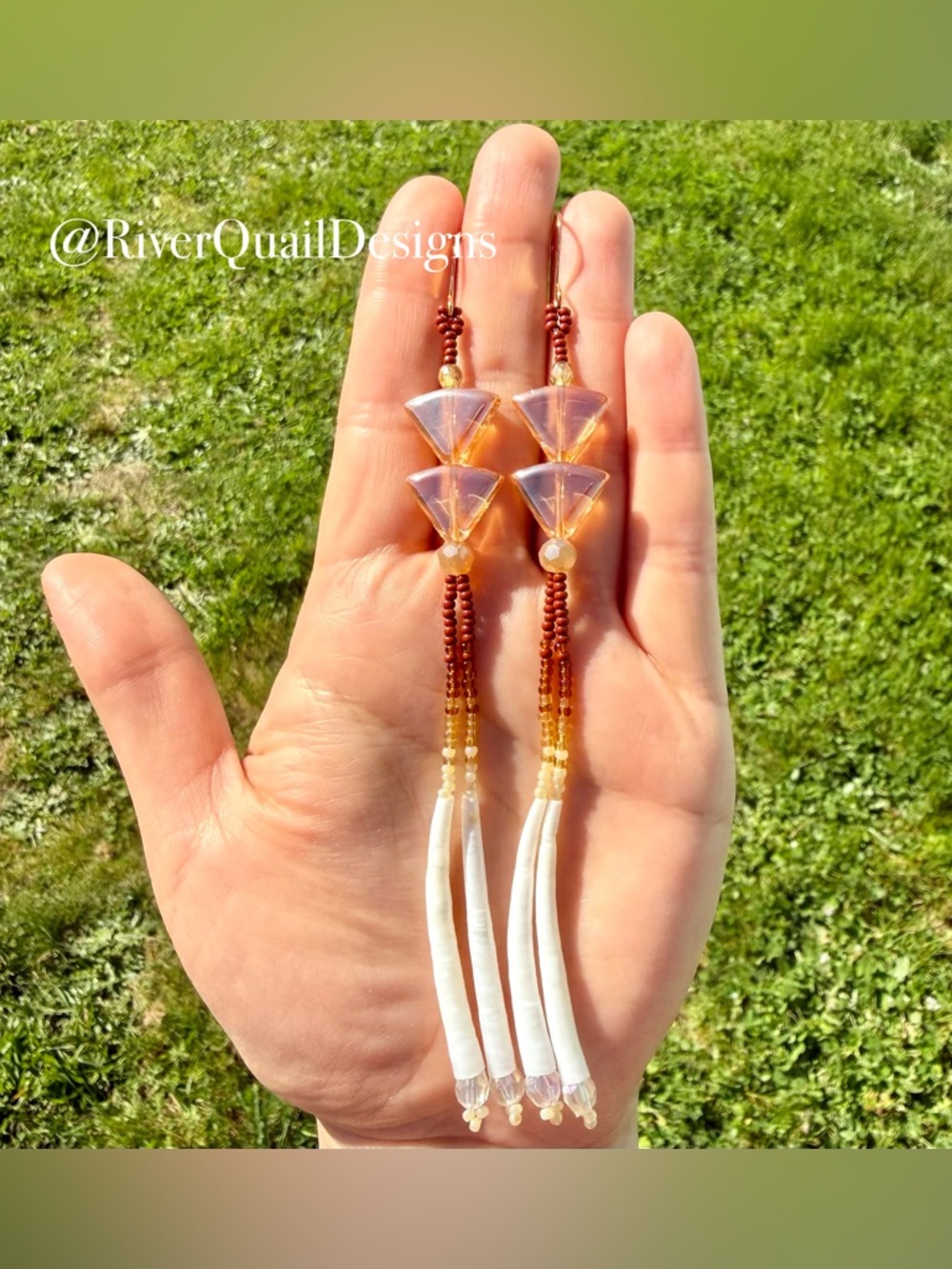 Handmade Beaded Earrings: White, Brown, Gold, Dentalium Shell Dangle Earrings